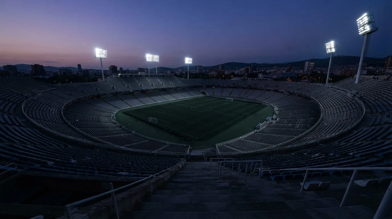 An empty football stadium with floodlight masts at dusk