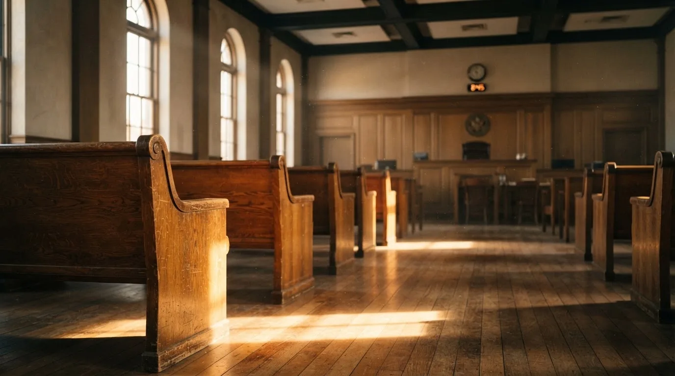 An empty courtroom with wooden benches in morning light