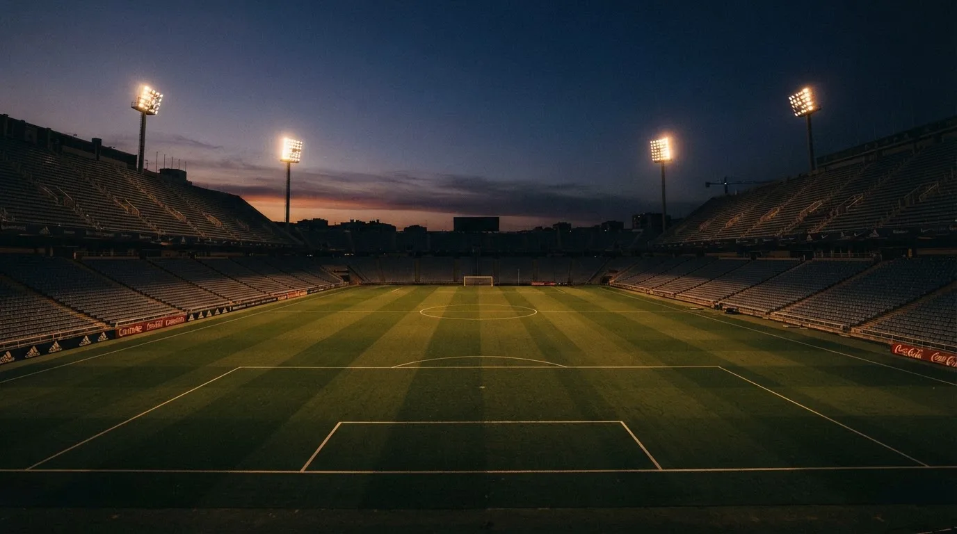 An empty football stadium with floodlight masts at dusk