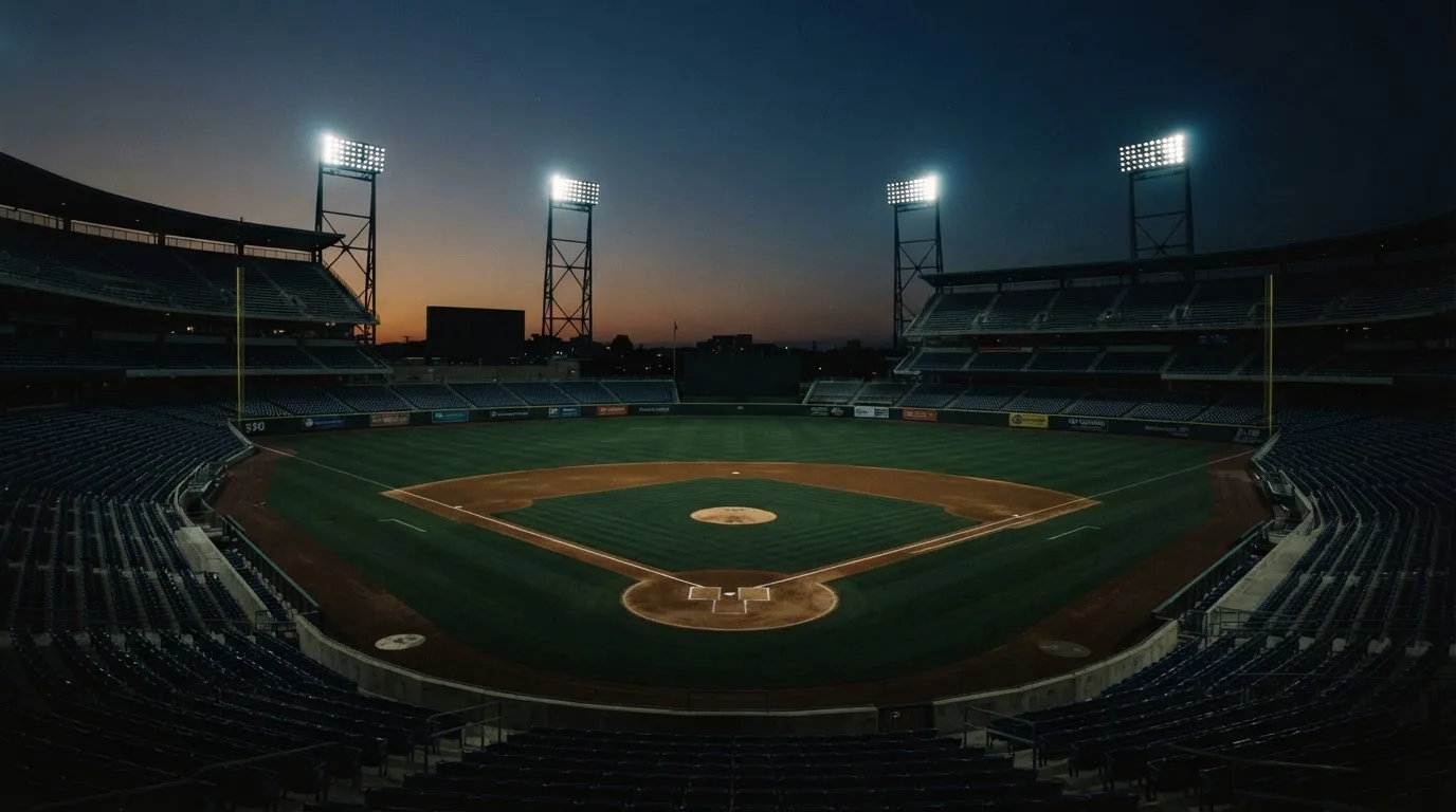 An empty football stadium with floodlight masts at dusk