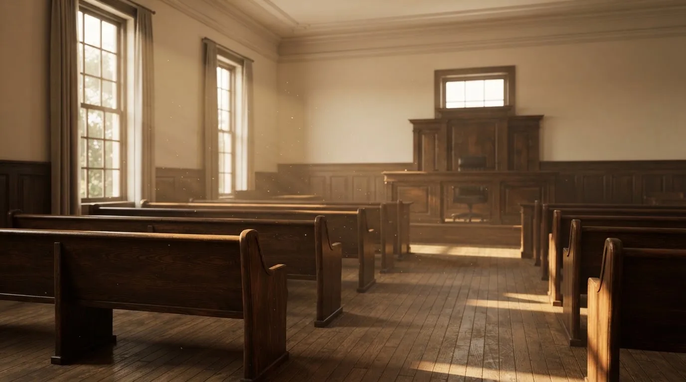 An empty courtroom with wooden benches in morning light