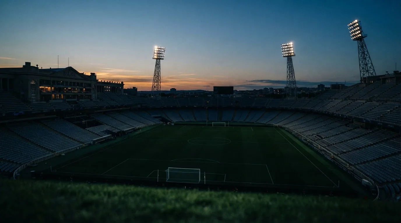 An empty football stadium with floodlight masts at dusk