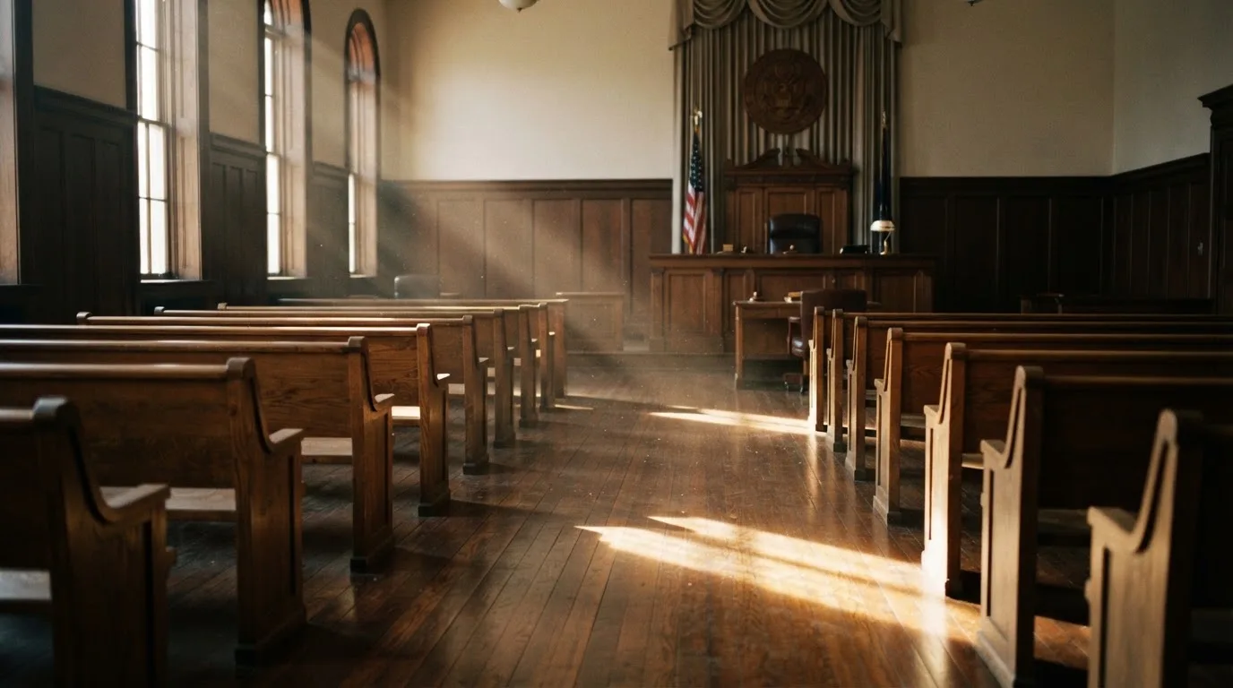 An empty courtroom with wooden benches in morning light