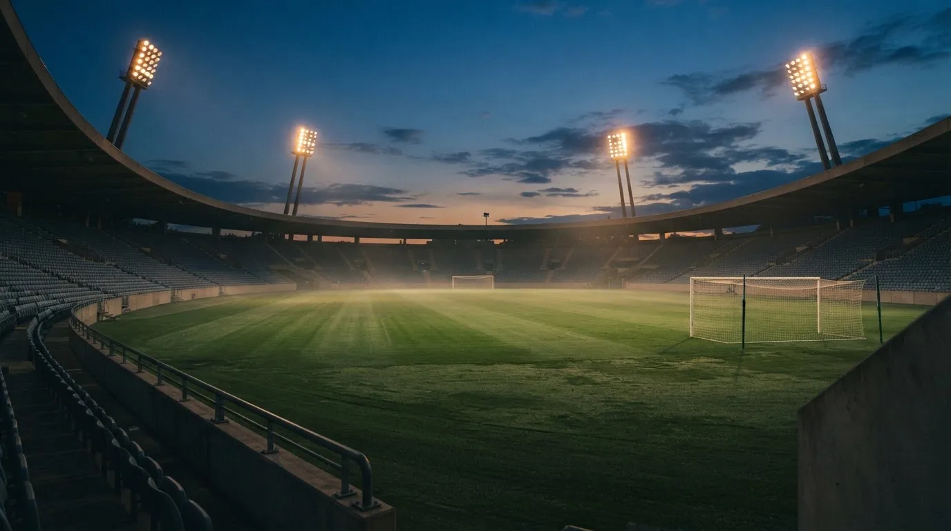 An empty football stadium with floodlight masts at dusk