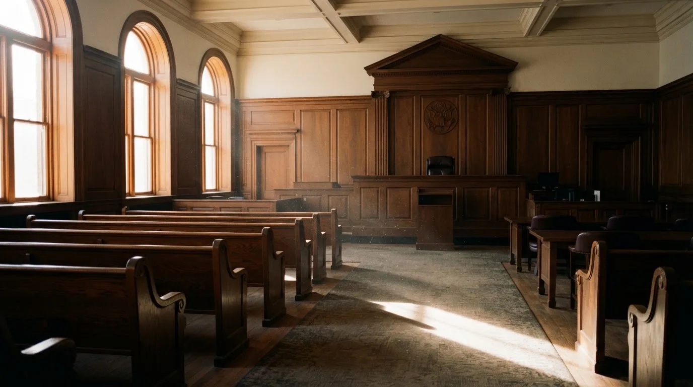 An empty courtroom with wooden benches in morning light