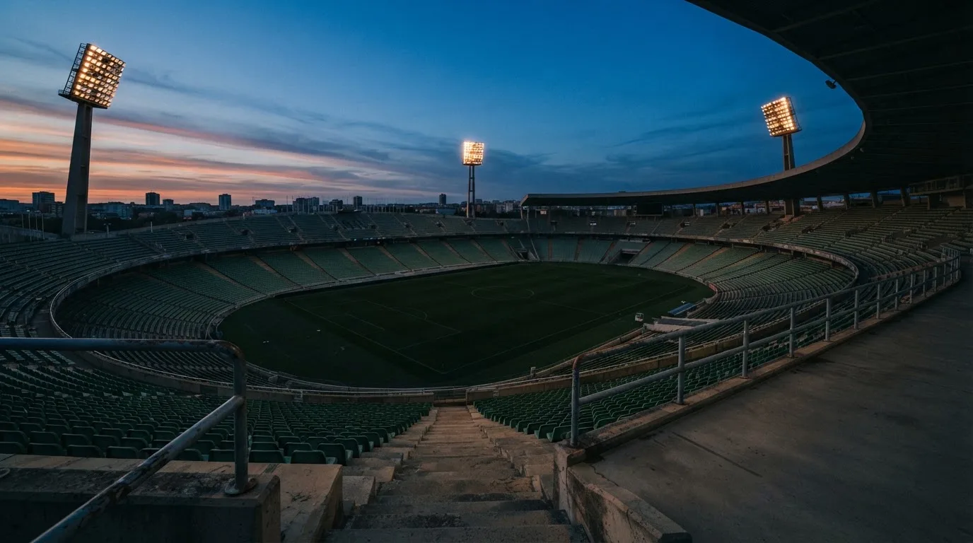 An empty football stadium with floodlight masts at dusk