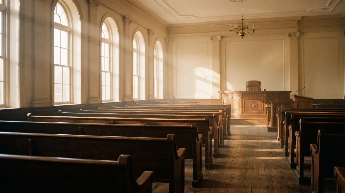 An empty courtroom with wooden benches in morning light
