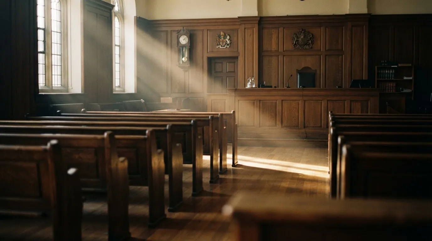 An empty courtroom with wooden benches in morning light