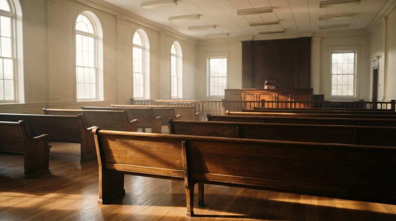 An empty courtroom with wooden benches in morning light