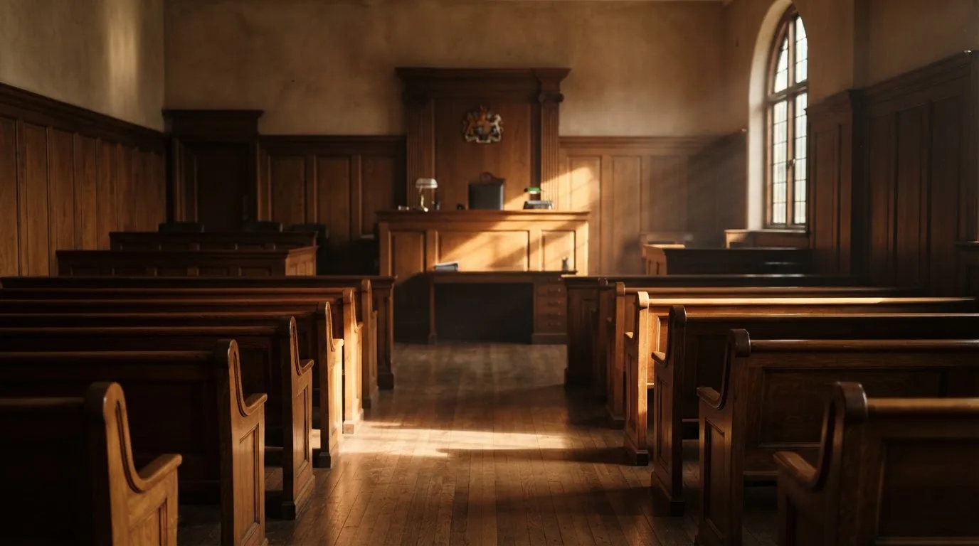 An empty courtroom with wooden benches in morning light