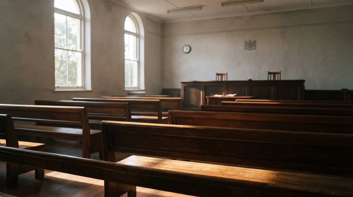 An empty courtroom with wooden benches in morning light