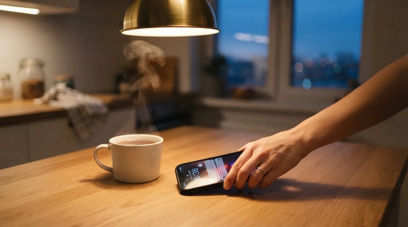 A hand setting a smartphone down beside a cup of tea on a kitchen table on a quiet evening