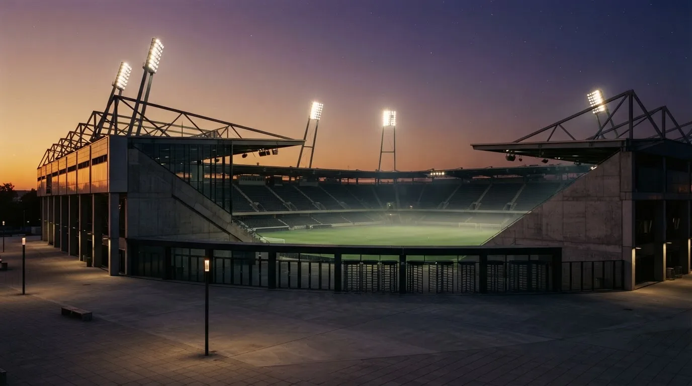 An empty football stadium with floodlight masts at dusk