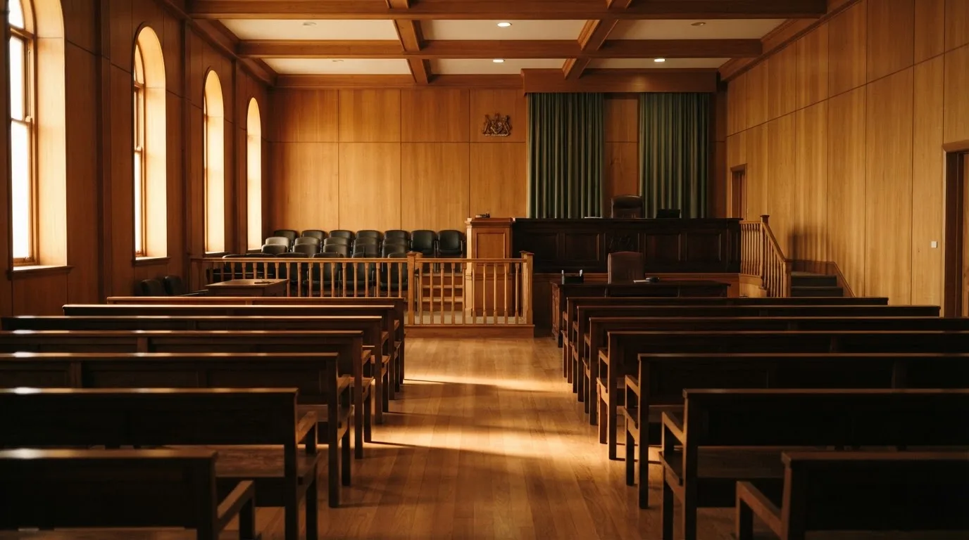 An empty courtroom with wooden benches in morning light