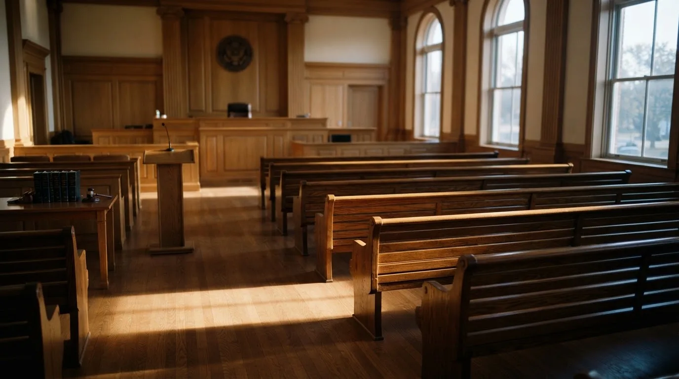 An empty courtroom with wooden benches in morning light