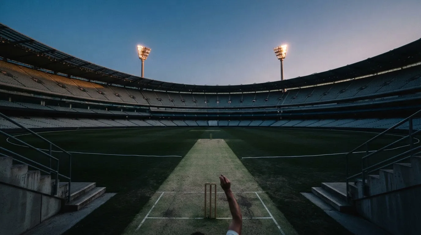 An empty football stadium with floodlight masts at dusk
