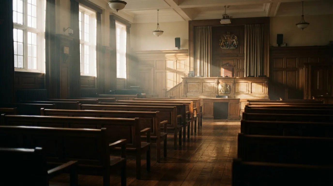 An empty courtroom with wooden benches in morning light