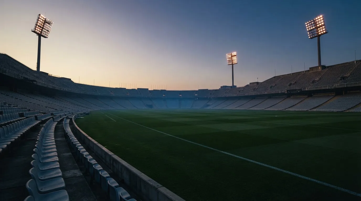An empty football stadium with floodlight masts at dusk
