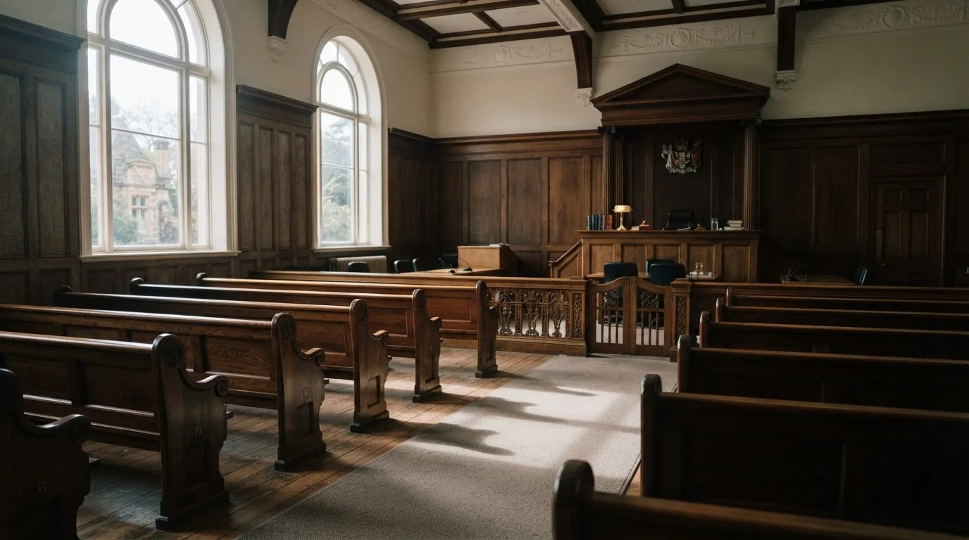 An empty courtroom with wooden benches in morning light