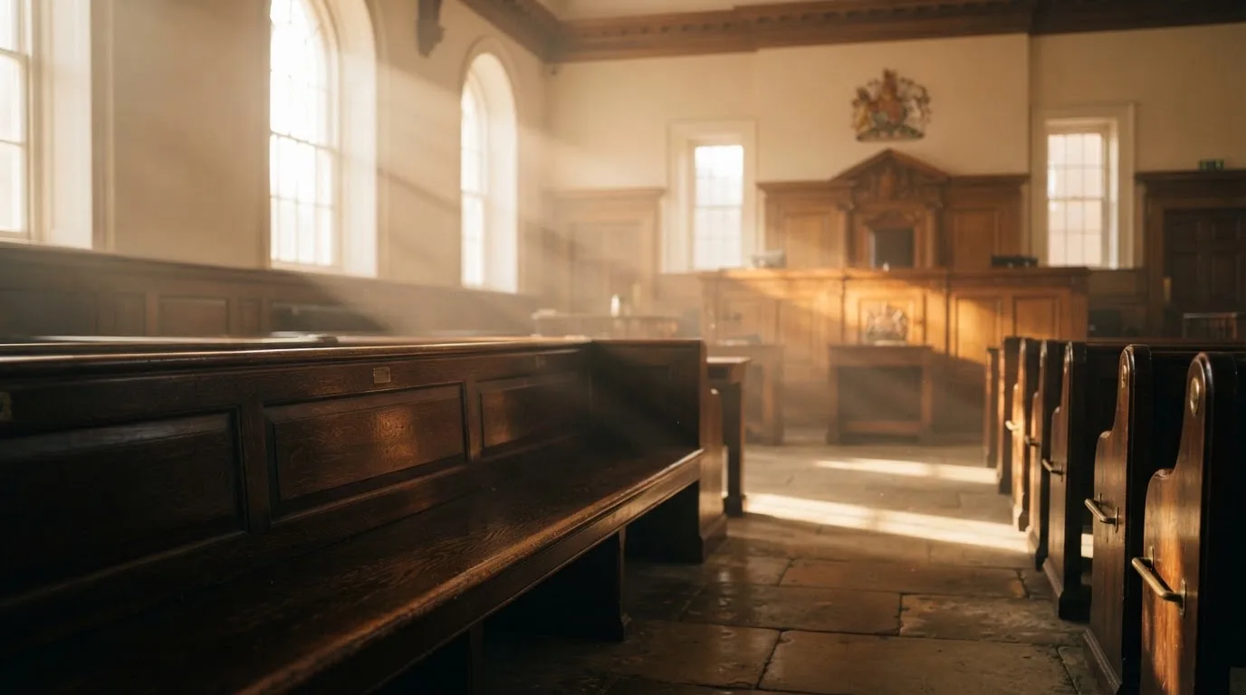 An empty courtroom with wooden benches in morning light