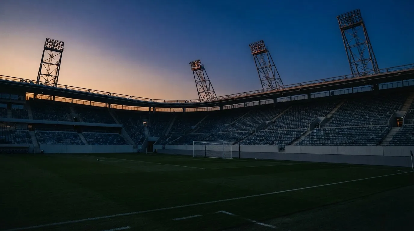 An empty football stadium with floodlight masts at dusk
