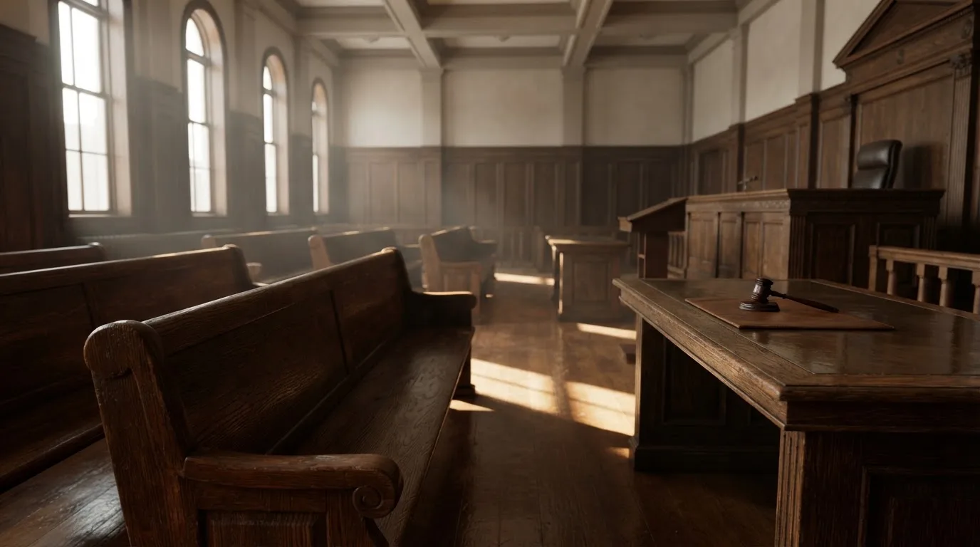 An empty courtroom with wooden benches in morning light
