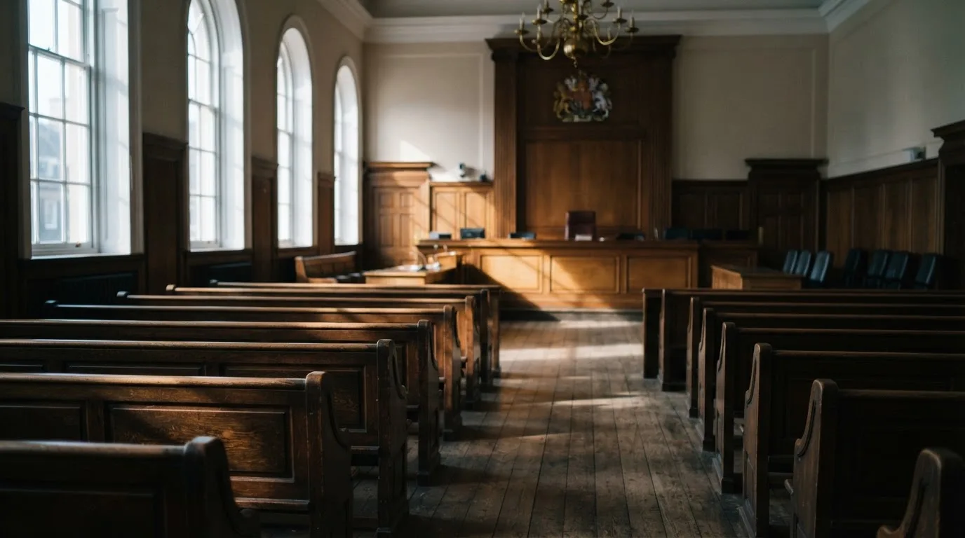 An empty courtroom with wooden benches in morning light