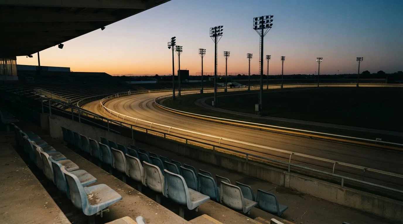 An empty football stadium with floodlight masts at dusk
