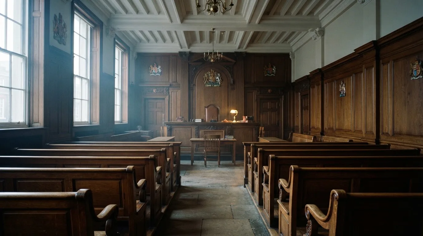 An empty courtroom with wooden benches in morning light