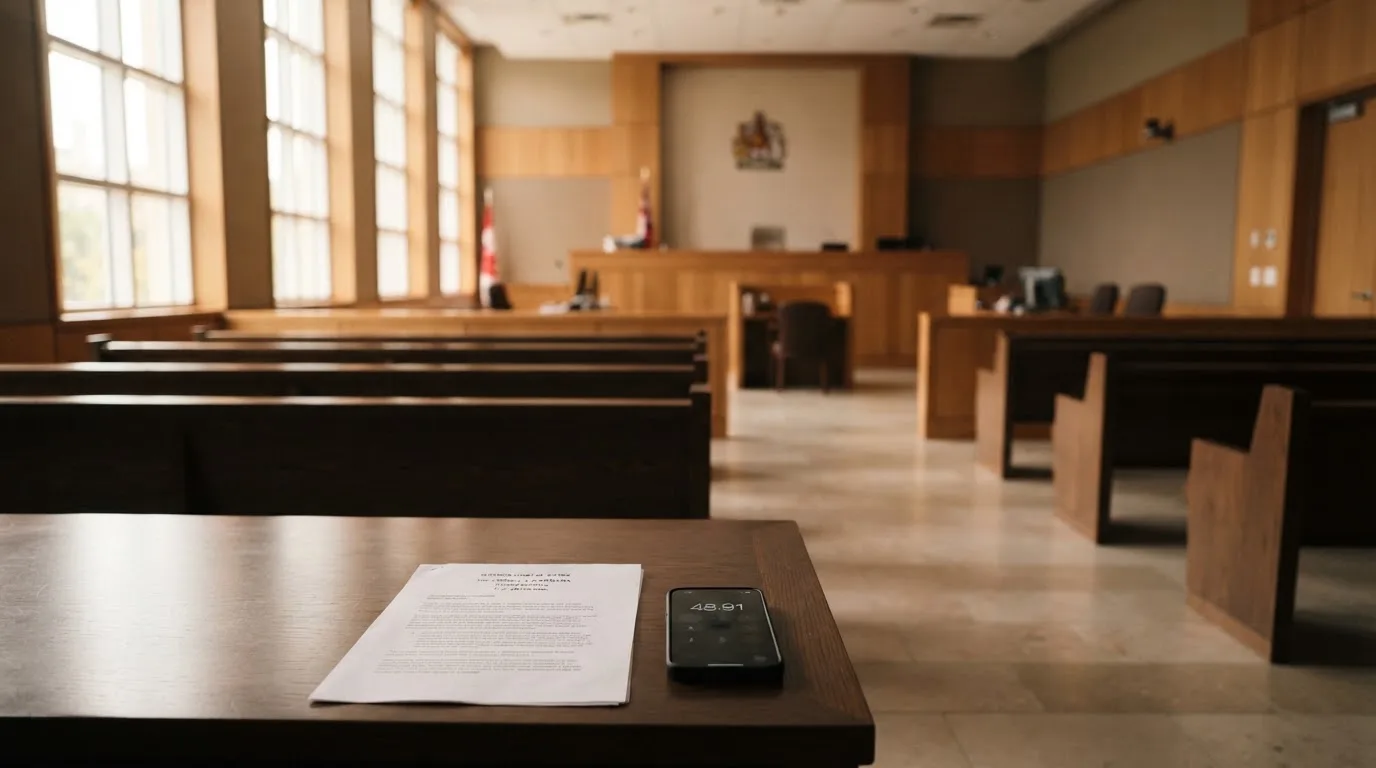 An empty courtroom with wooden benches in morning light