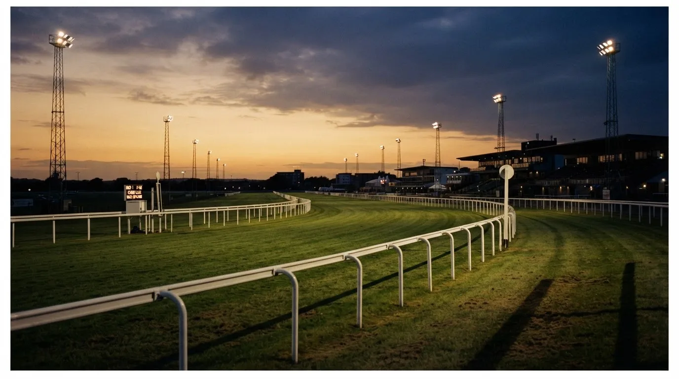 An empty football stadium with floodlight masts at dusk