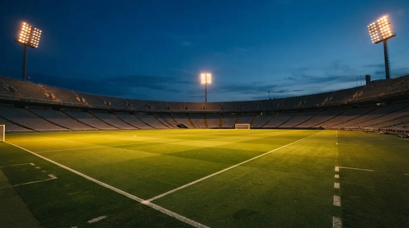 An empty football stadium with floodlight masts at dusk