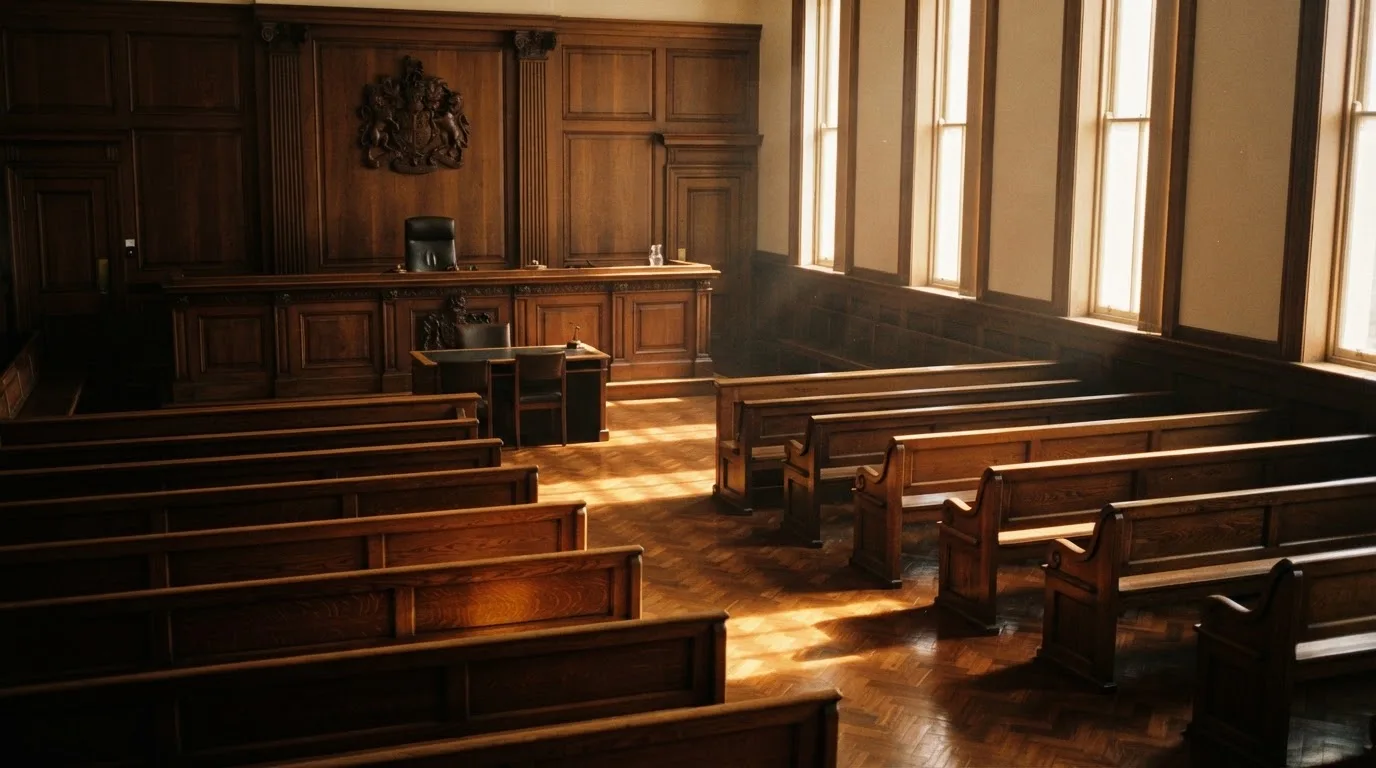 An empty courtroom with wooden benches in morning light