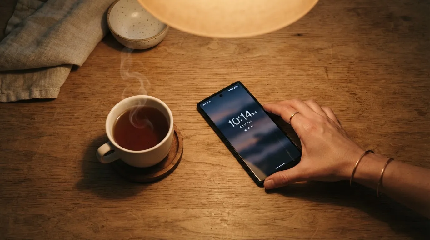 A hand setting a smartphone down beside a cup of tea on a kitchen table on a quiet evening
