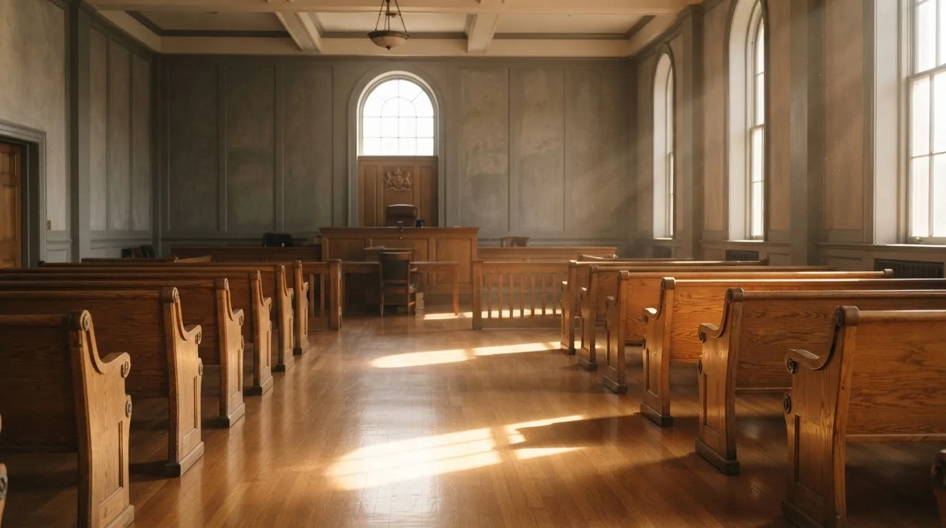 An empty courtroom with wooden benches in morning light