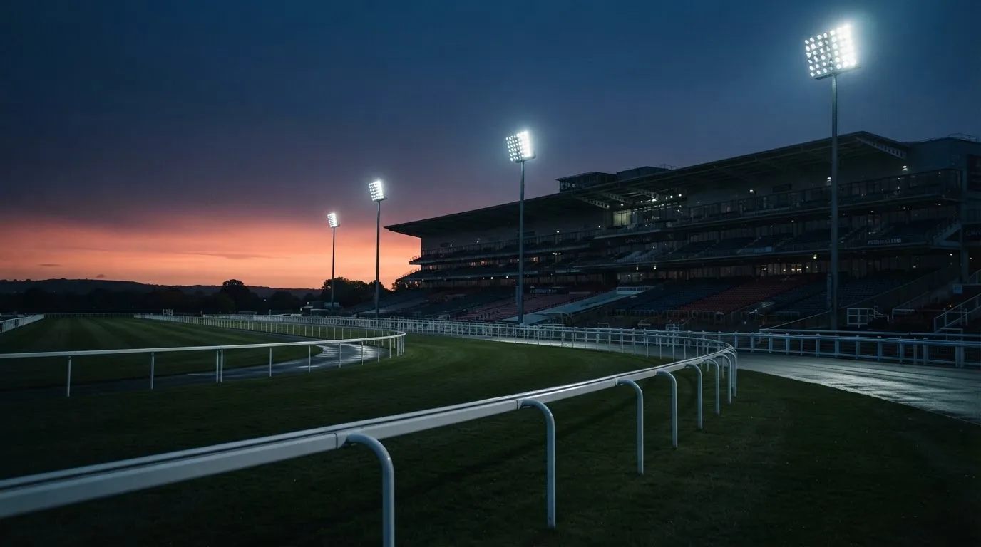 An empty football stadium with floodlight masts at dusk