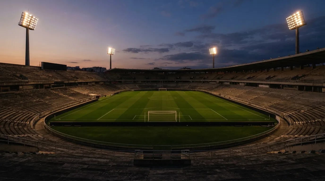 An empty football stadium with floodlight masts at dusk