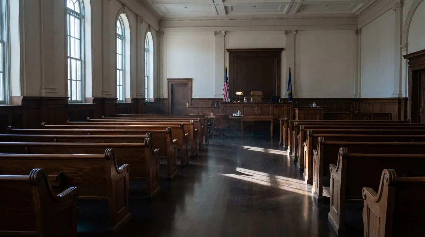 An empty courtroom with wooden benches in morning light