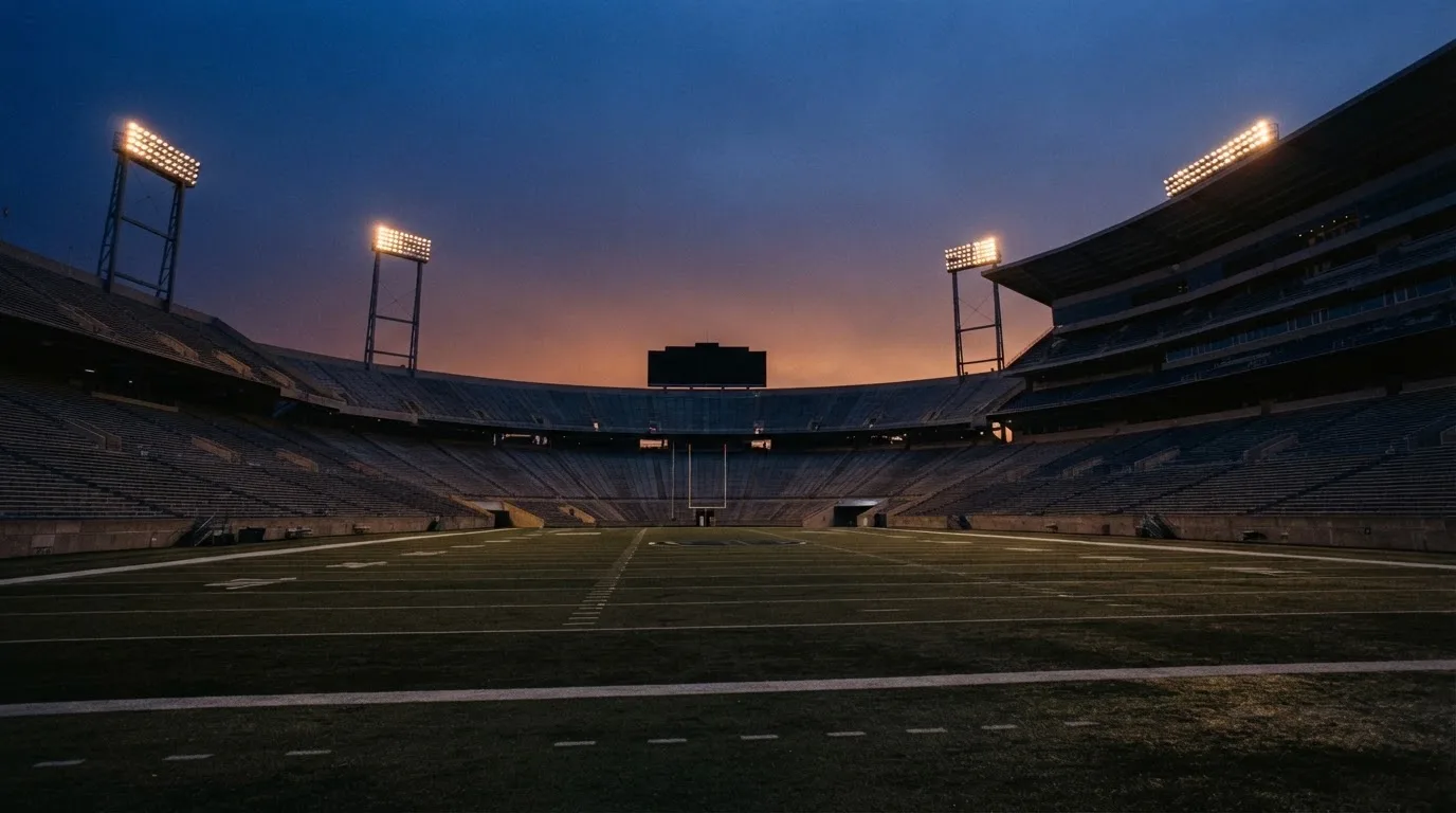 An empty football stadium with floodlight masts at dusk