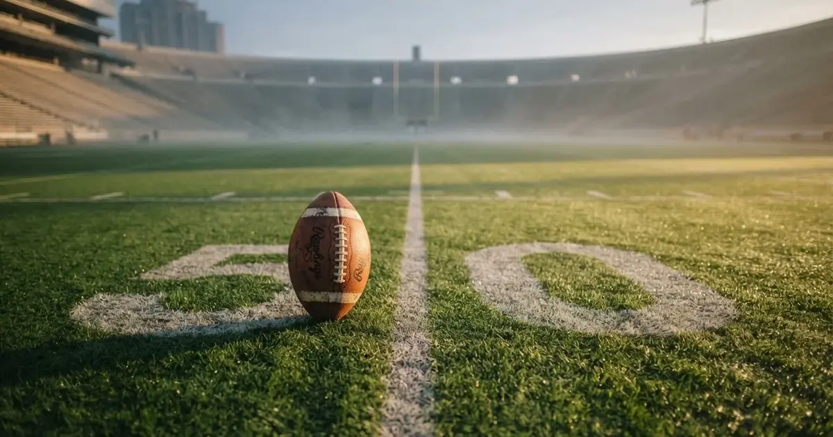 A ball on the centre spot of a grass pitch in morning light
