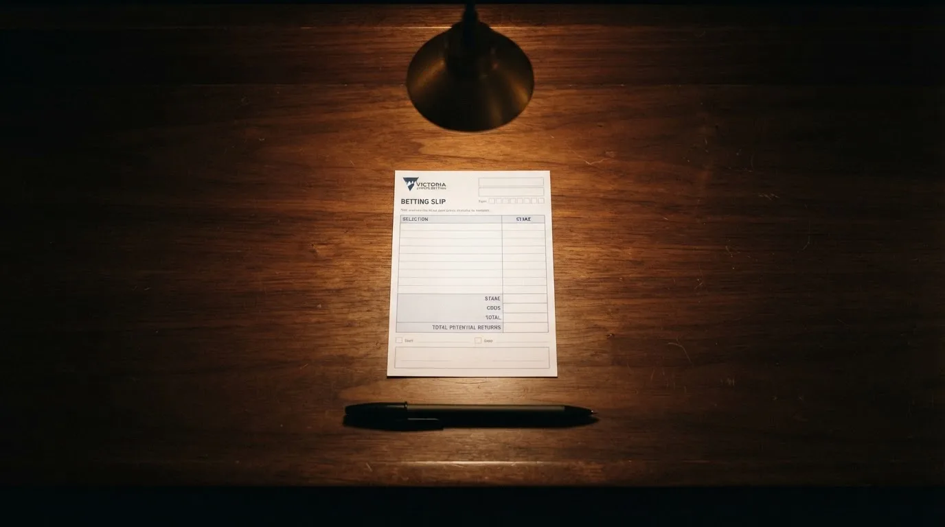 A blank paper betting slip beside a pen on a wooden counter