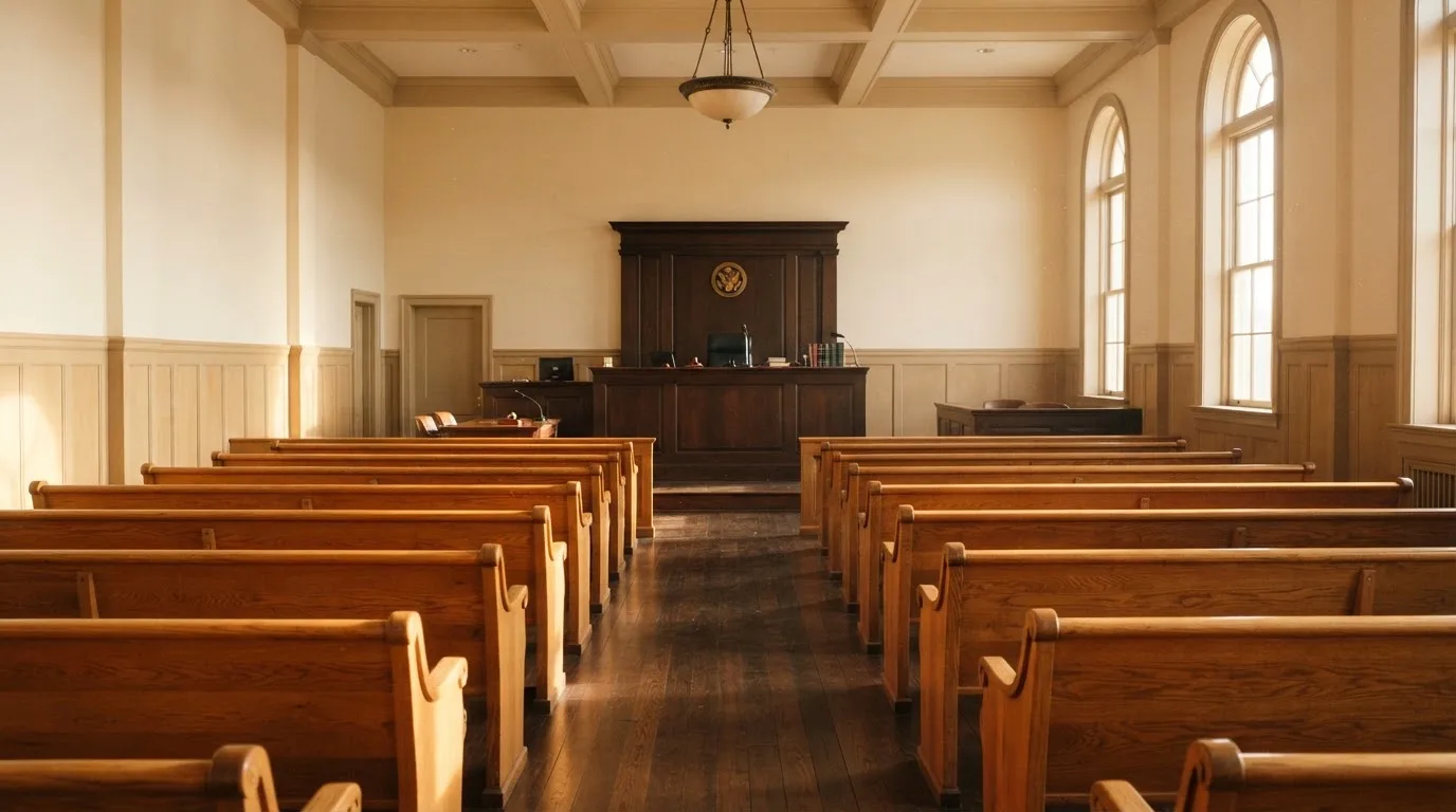 An empty courtroom with wooden benches in morning light