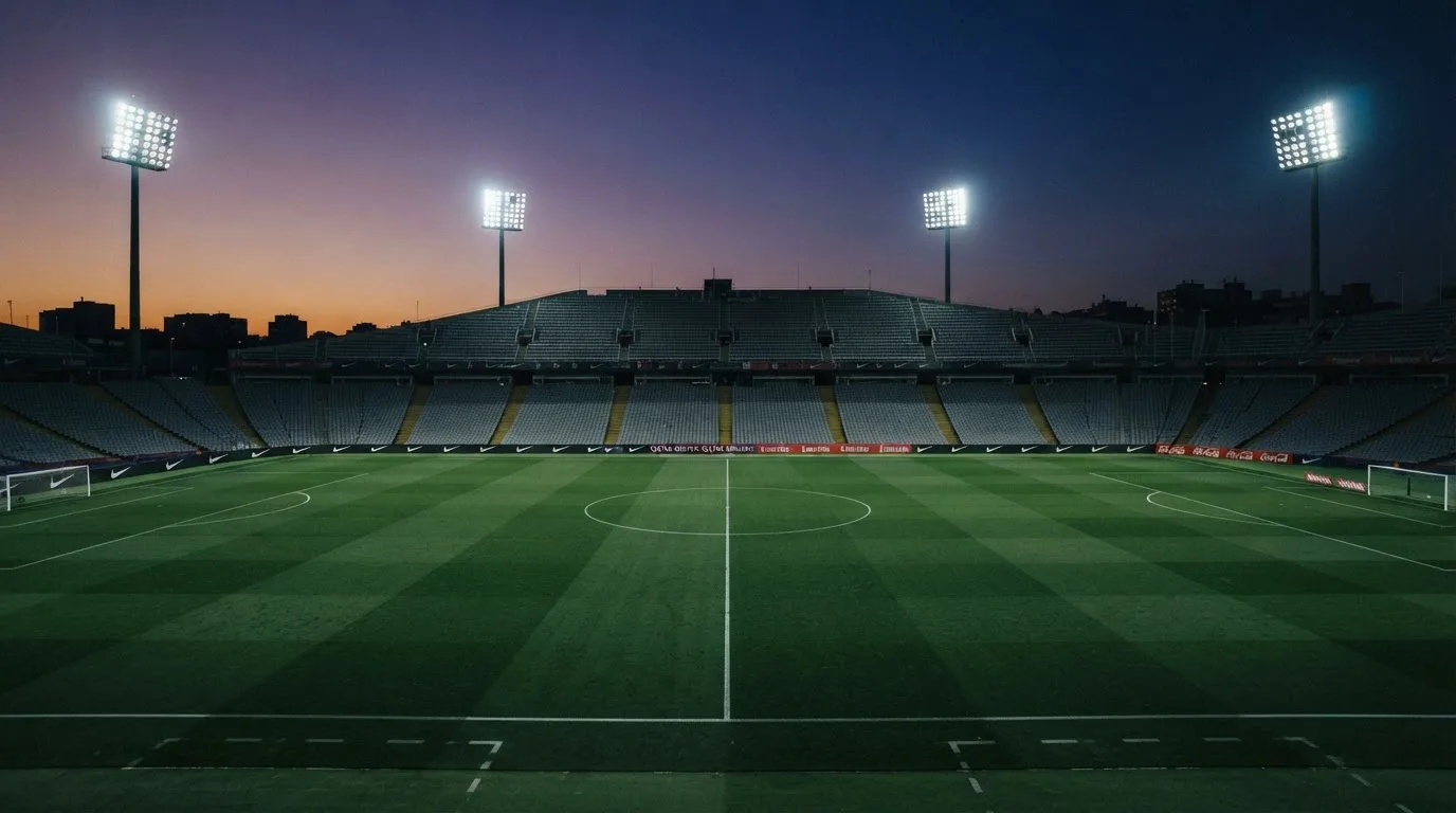 An empty football stadium with floodlight masts at dusk
