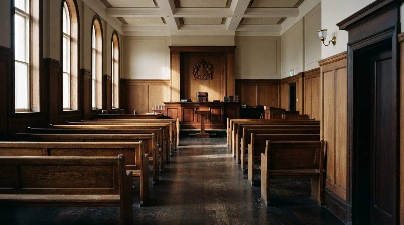 An empty courtroom with wooden benches in morning light