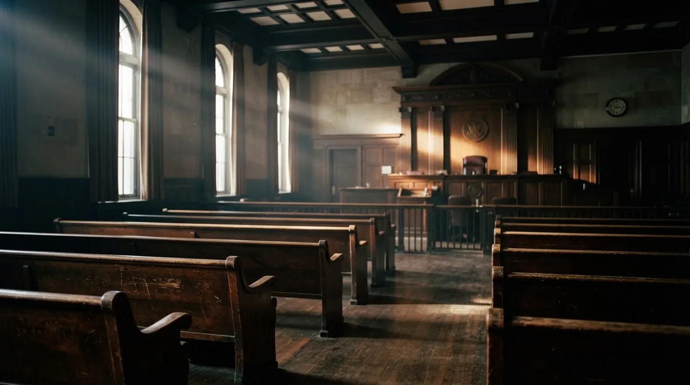An empty courtroom with wooden benches in morning light