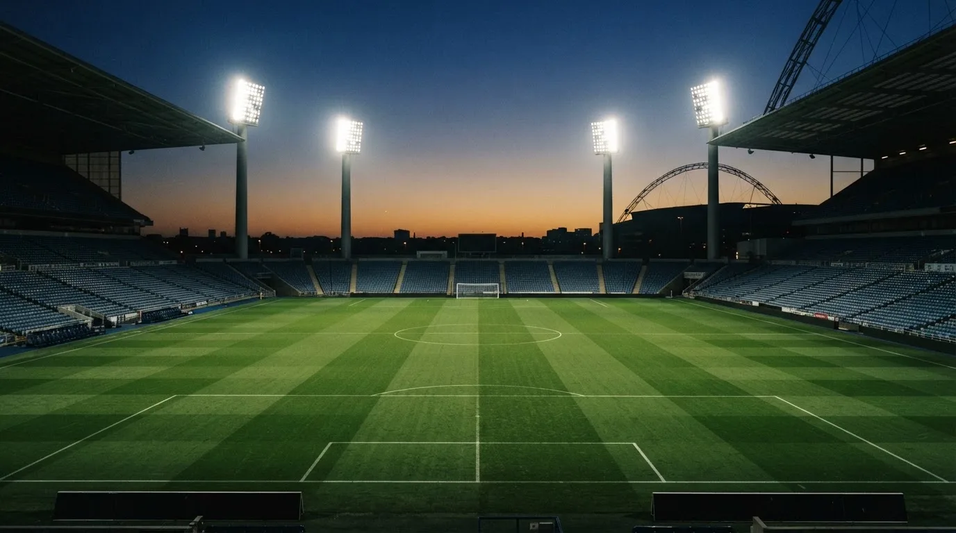An empty football stadium with floodlight masts at dusk