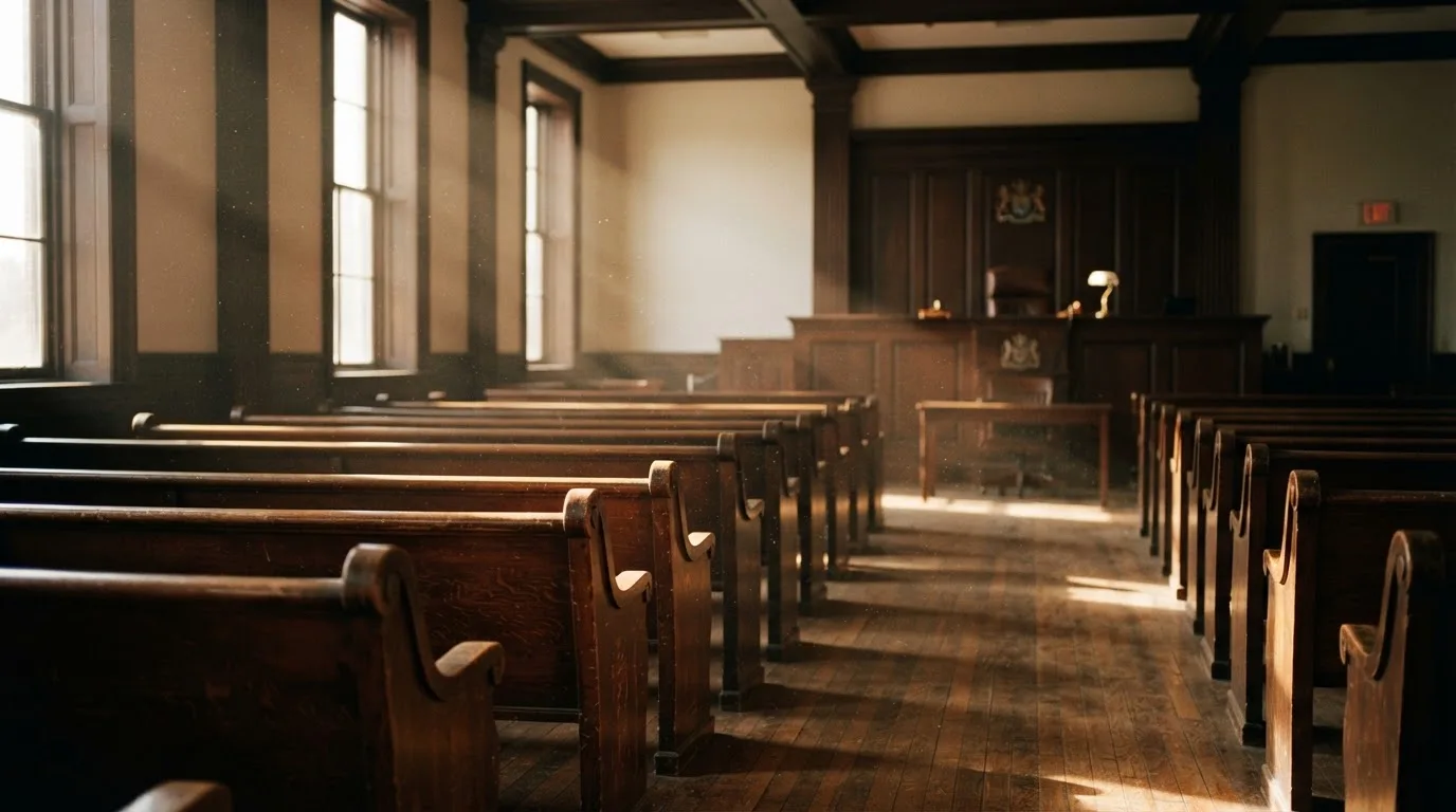 An empty courtroom with wooden benches in morning light